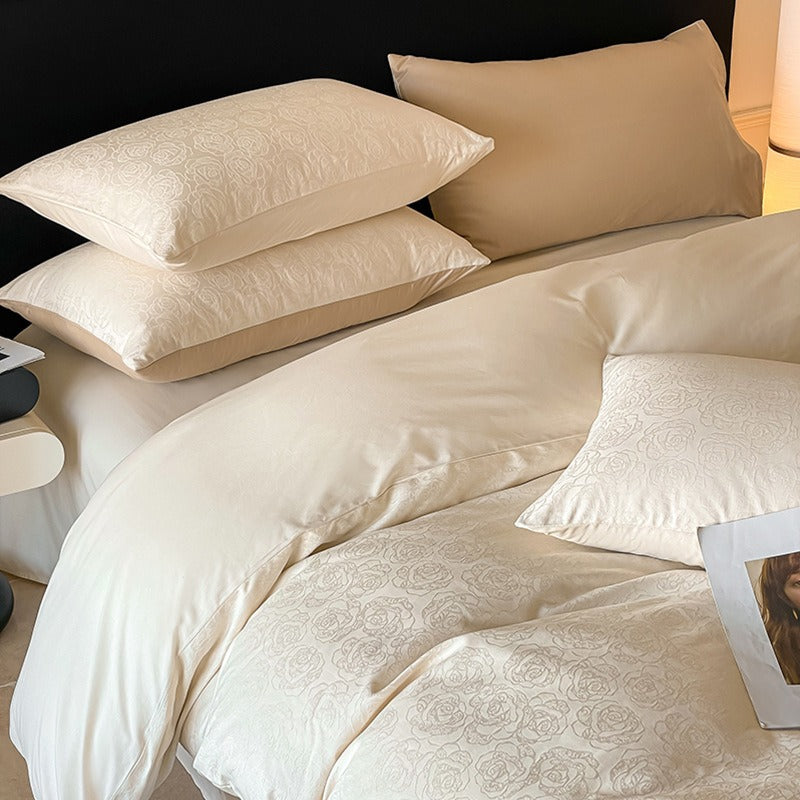 VILZSTUDIOS champagne rose jacquard satin duvet cover set with matching pillowcases