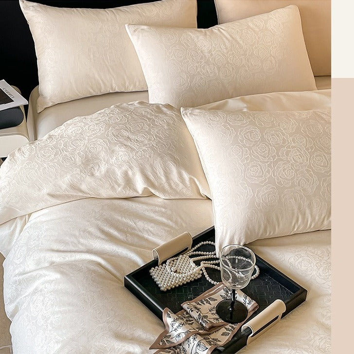 VILZSTUDIOS champagne rose jacquard satin duvet cover set with matching pillowcases