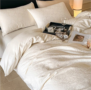 VILZSTUDIOS champagne rose jacquard satin duvet cover set with matching pillowcases