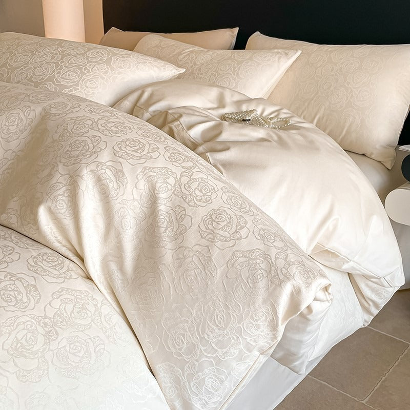 VILZSTUDIOS champagne rose jacquard satin duvet cover set with matching pillowcases