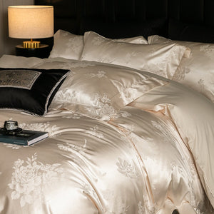 VILZSTUDIOS champagne cream or blush pink satin bedding set with woven roses and wide-flanged pillowcases