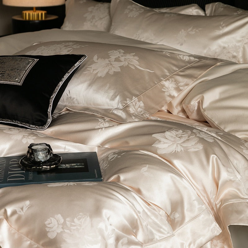 VILZSTUDIOS champagne cream or blush pink satin bedding set with woven roses and wide-flanged pillowcases