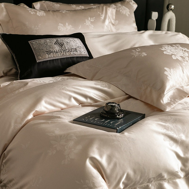 VILZSTUDIOS champagne cream or blush pink satin bedding set with woven roses and wide-flanged pillowcases