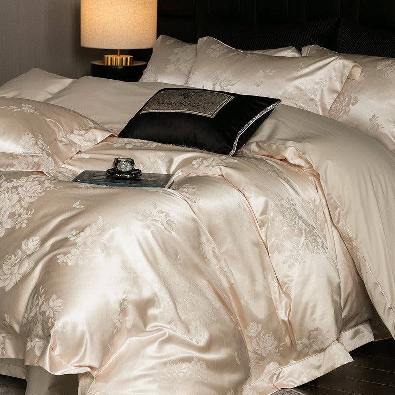 VILZSTUDIOS champagne cream or blush pink satin bedding set with woven roses and wide-flanged pillowcases