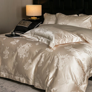 VILZSTUDIOS champagne cream or blush pink satin bedding set with woven roses and wide-flanged pillowcases