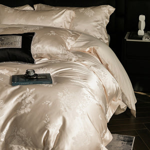 VILZSTUDIOS champagne cream or blush pink satin bedding set with woven roses and wide-flanged pillowcases