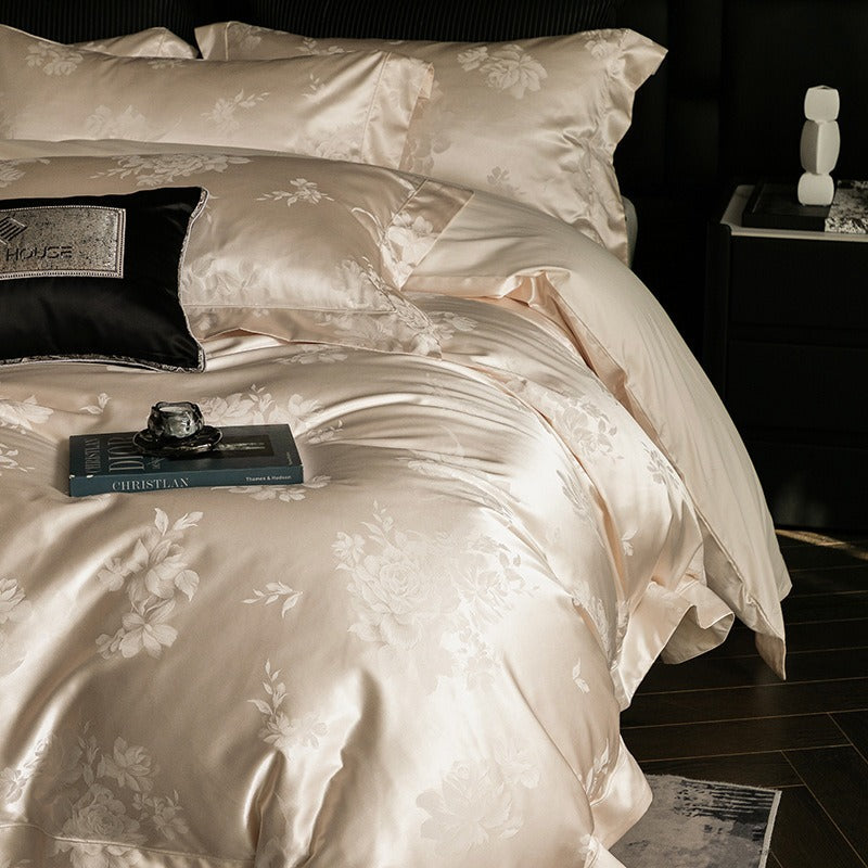VILZSTUDIOS champagne cream or blush pink satin bedding set with woven roses and wide-flanged pillowcases