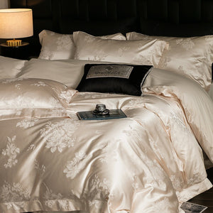VILZSTUDIOS champagne cream or blush pink satin bedding set with woven roses and wide-flanged pillowcases