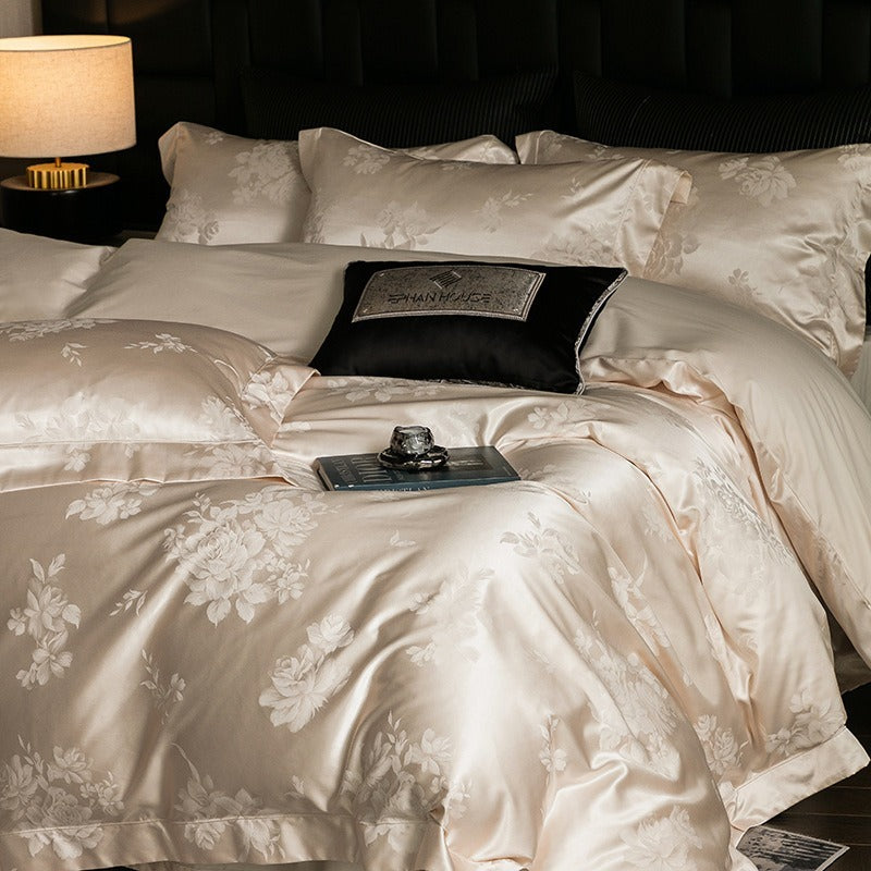 VILZSTUDIOS champagne cream or blush pink satin bedding set with woven roses and wide-flanged pillowcases