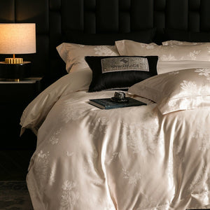 VILZSTUDIOS champagne cream or blush pink satin bedding set with woven roses and wide-flanged pillowcases