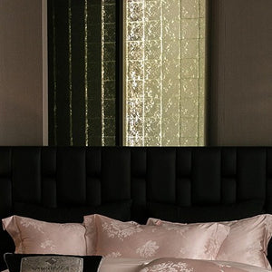 VILZSTUDIOS champagne cream or blush pink satin bedding set with woven roses and wide-flanged pillowcases
