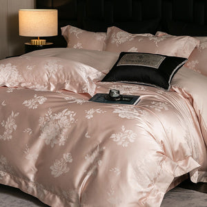 VILZSTUDIOS champagne cream or blush pink satin bedding set with woven roses and wide-flanged pillowcases