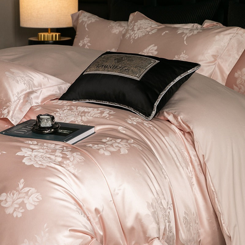 VILZSTUDIOS champagne cream or blush pink satin bedding set with woven roses and wide-flanged pillowcases