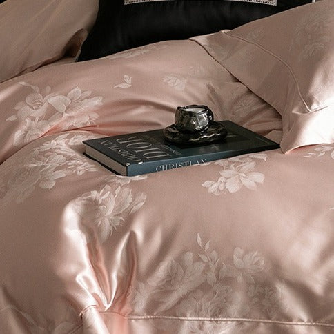 VILZSTUDIOS champagne cream or blush pink satin bedding set with woven roses and wide-flanged pillowcases