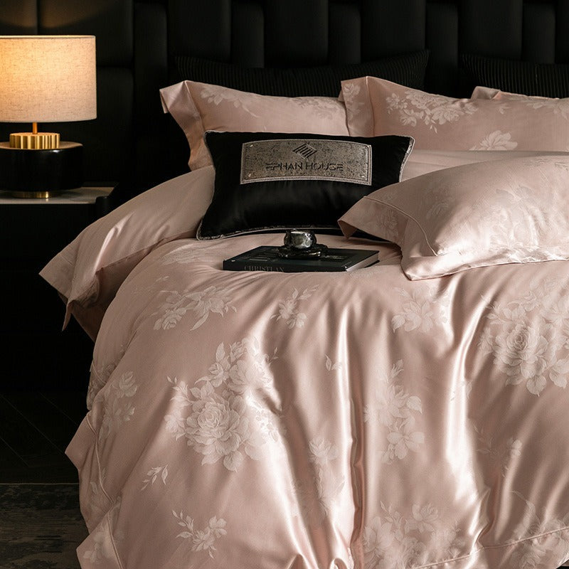 VILZSTUDIOS champagne cream or blush pink satin bedding set with woven roses and wide-flanged pillowcases