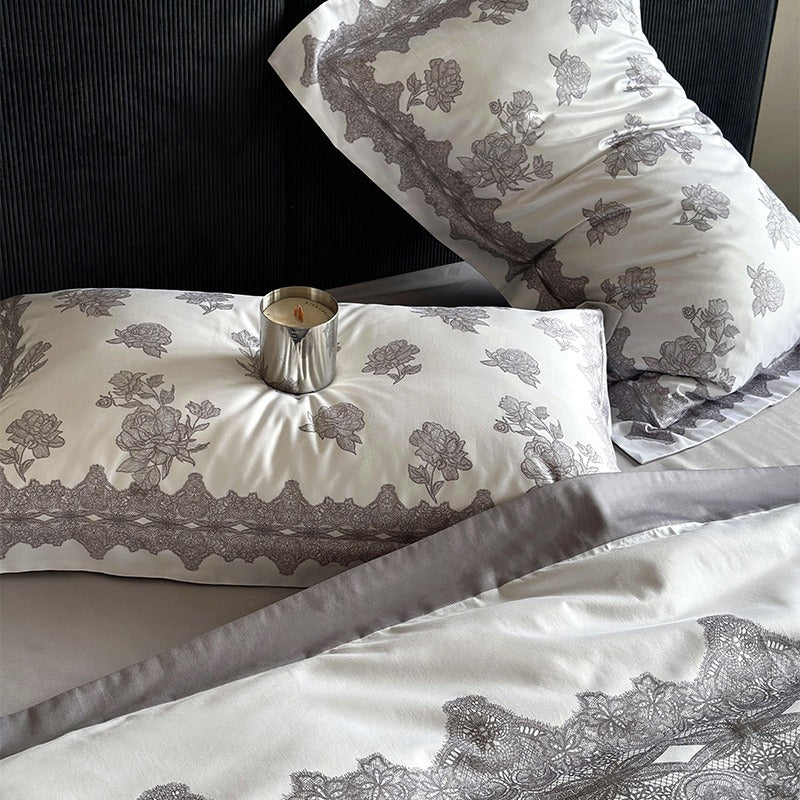 VILZSTUDIOS white and charcoal gray rose and printed lace duvet cover set with flanged edges