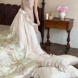 VILZSTUDIOS Pale sage and cream rose print duvet cover set with scalloped floral lace and gathered ruffle edges