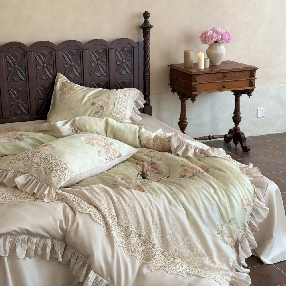 VILZSTUDIOS Pale sage and cream rose print duvet cover set with scalloped floral lace and gathered ruffle edges