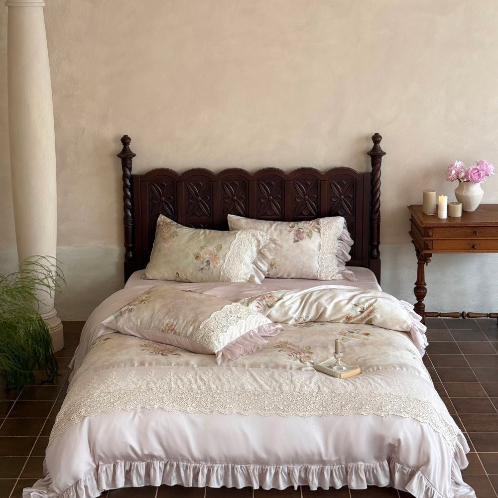 VILZSTUDIOS Pale sage and cream rose print duvet cover set with scalloped floral lace and gathered ruffle edges