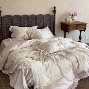 VILZSTUDIOS Pale sage and cream rose print duvet cover set with scalloped floral lace and gathered ruffle edges