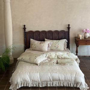 VILZSTUDIOS Pale sage and cream rose print duvet cover set with scalloped floral lace and gathered ruffle edges