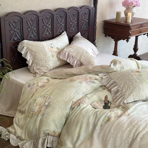 VILZSTUDIOS Pale sage and cream rose print duvet cover set with scalloped floral lace and gathered ruffle edges