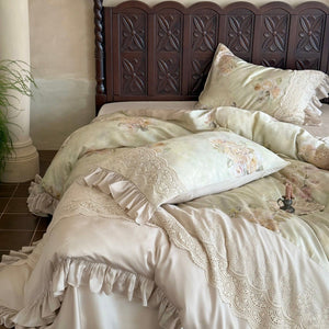 VILZSTUDIOS Pale sage and cream rose print duvet cover set with scalloped floral lace and gathered ruffle edges