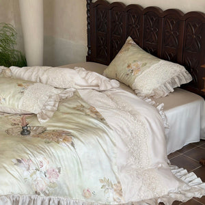 VILZSTUDIOS Pale sage and cream rose print duvet cover set with scalloped floral lace and gathered ruffle edges