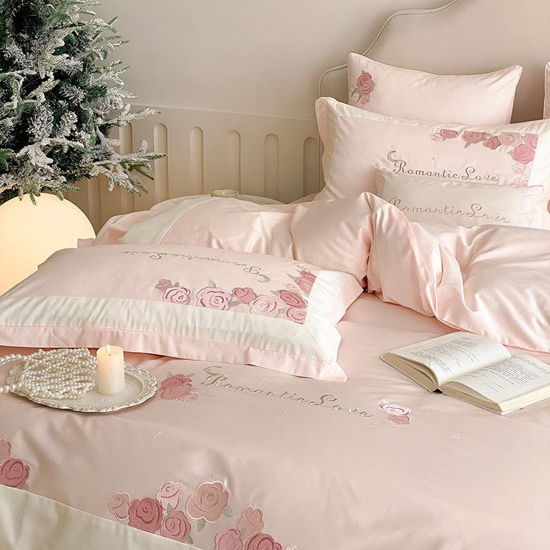 VILZSTUDIOS pastel pink or light blue rose and celestial embroidered bedding set with contrast borders and ruffled edges