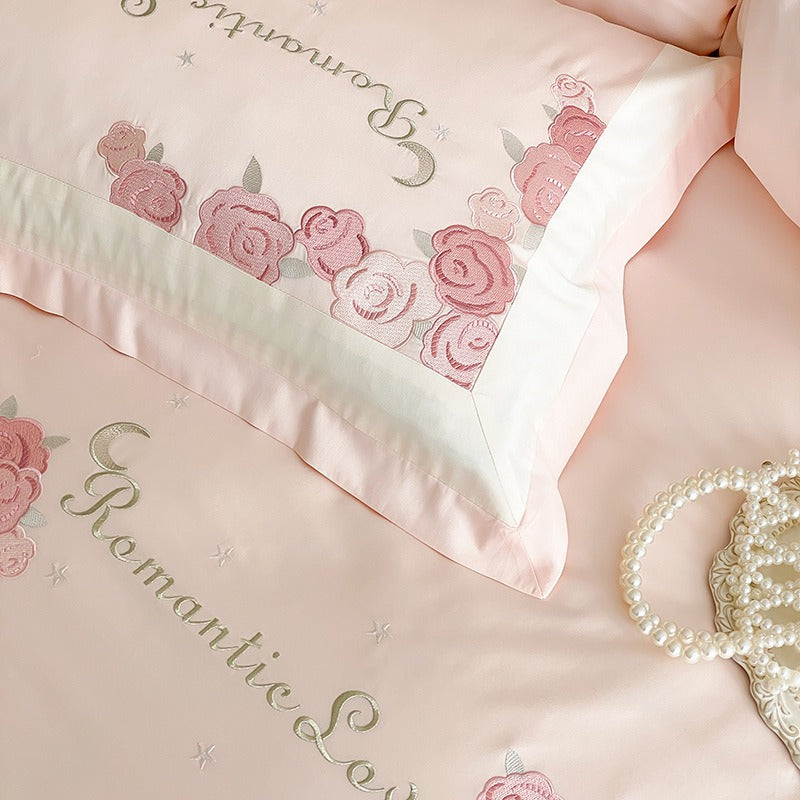 VILZSTUDIOS pastel pink or light blue rose and celestial embroidered bedding set with contrast borders and ruffled edges