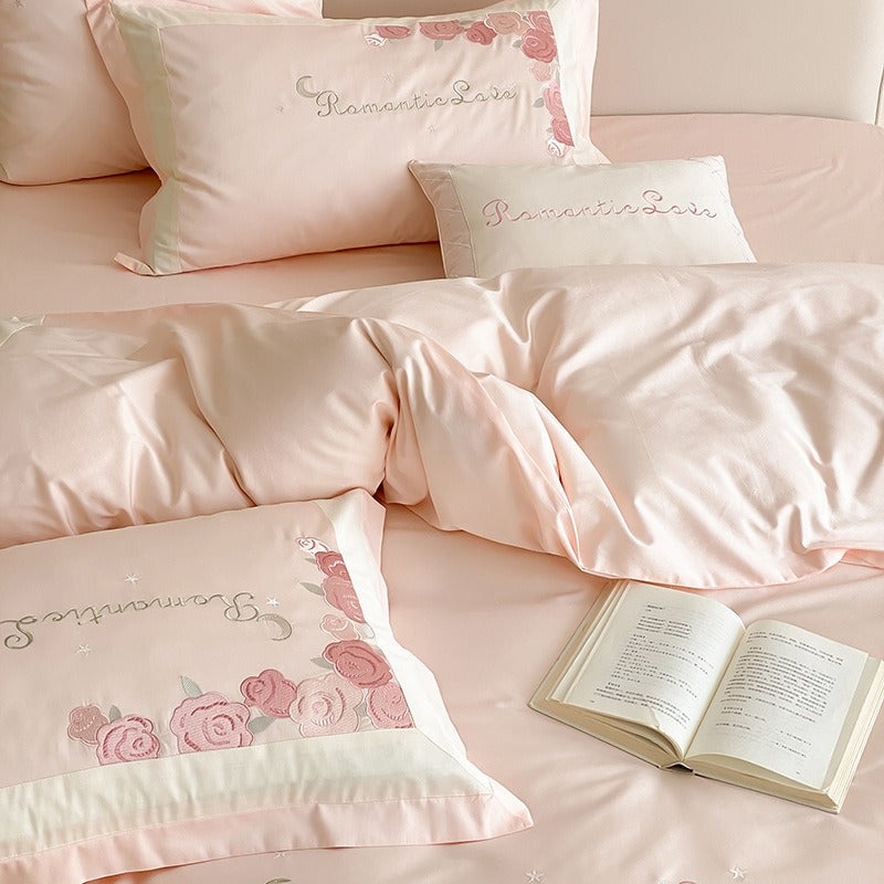 VILZSTUDIOS pastel pink or light blue rose and celestial embroidered bedding set with contrast borders and ruffled edges