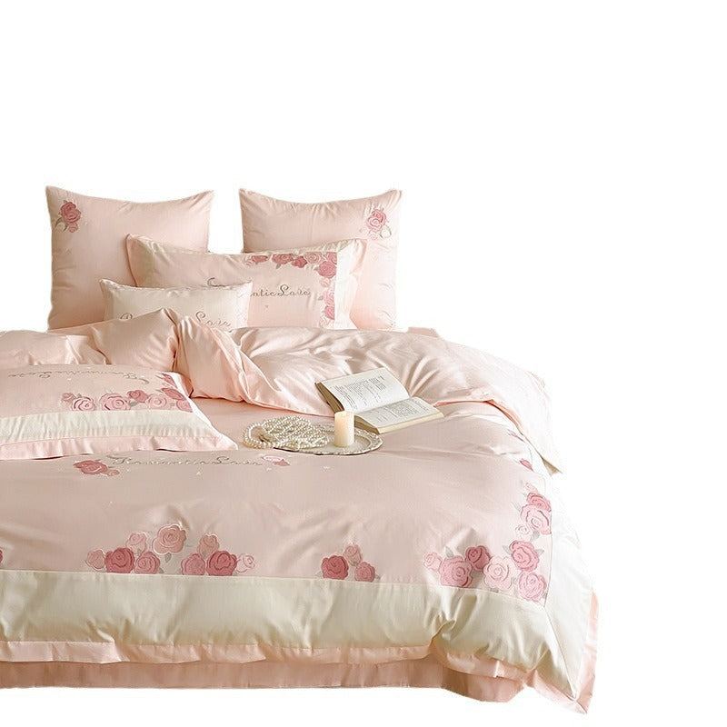 VILZSTUDIOS pastel pink or light blue rose and celestial embroidered bedding set with contrast borders and ruffled edges