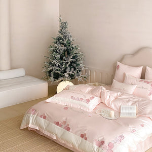 VILZSTUDIOS pastel pink or light blue rose and celestial embroidered bedding set with contrast borders and ruffled edges