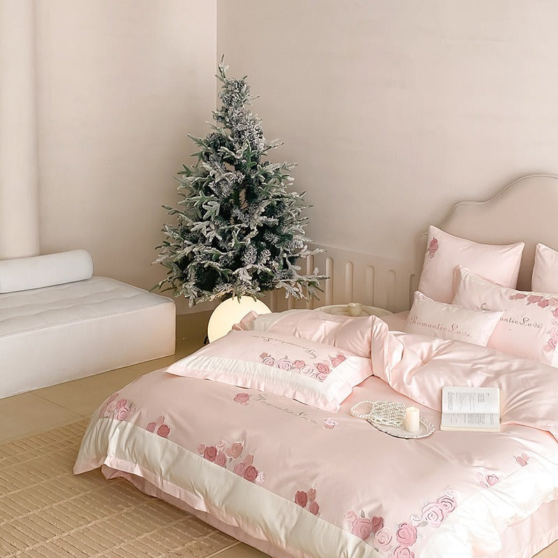 VILZSTUDIOS pastel pink or light blue rose and celestial embroidered bedding set with contrast borders and ruffled edges