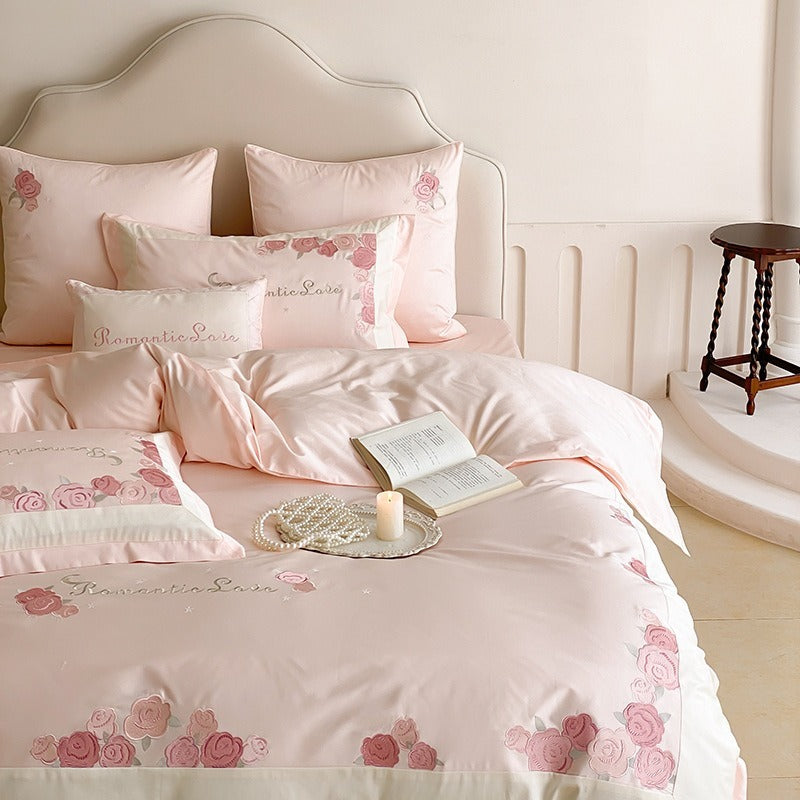 VILZSTUDIOS pastel pink or light blue rose and celestial embroidered bedding set with contrast borders and ruffled edges