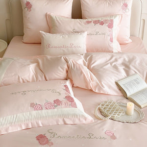 VILZSTUDIOS pastel pink or light blue rose and celestial embroidered bedding set with contrast borders and ruffled edges