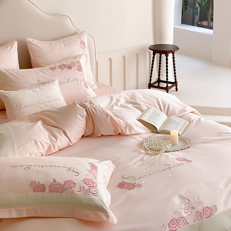 VILZSTUDIOS pastel pink or light blue rose and celestial embroidered bedding set with contrast borders and ruffled edges