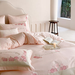 VILZSTUDIOS pastel pink or light blue rose and celestial embroidered bedding set with contrast borders and ruffled edges