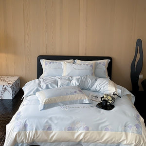 VILZSTUDIOS pastel pink or light blue rose and celestial embroidered bedding set with contrast borders and ruffled edges