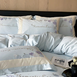 VILZSTUDIOS pastel pink or light blue rose and celestial embroidered bedding set with contrast borders and ruffled edges
