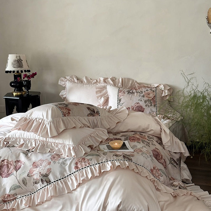 VILZSTUDIOS blush pink rose panel bedding set with contrasting ladder lace and ruffled borders