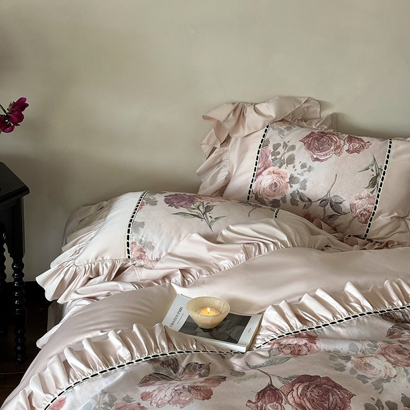 VILZSTUDIOS blush pink rose panel bedding set with contrasting ladder lace and ruffled borders