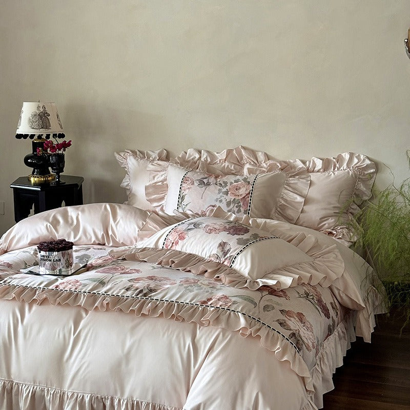 VILZSTUDIOS blush pink rose panel bedding set with contrasting ladder lace and ruffled borders