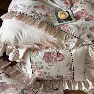 VILZSTUDIOS blush pink rose panel bedding set with contrasting ladder lace and ruffled borders