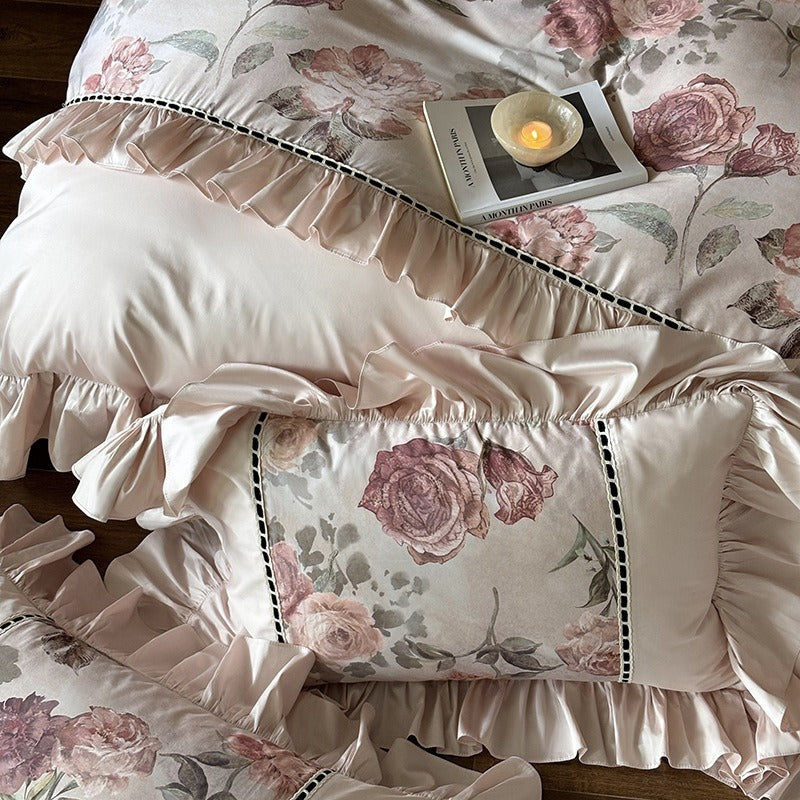 VILZSTUDIOS blush pink rose panel bedding set with contrasting ladder lace and ruffled borders