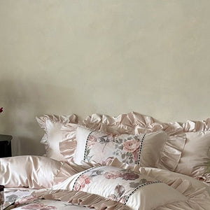 VILZSTUDIOS blush pink rose panel bedding set with contrasting ladder lace and ruffled borders
