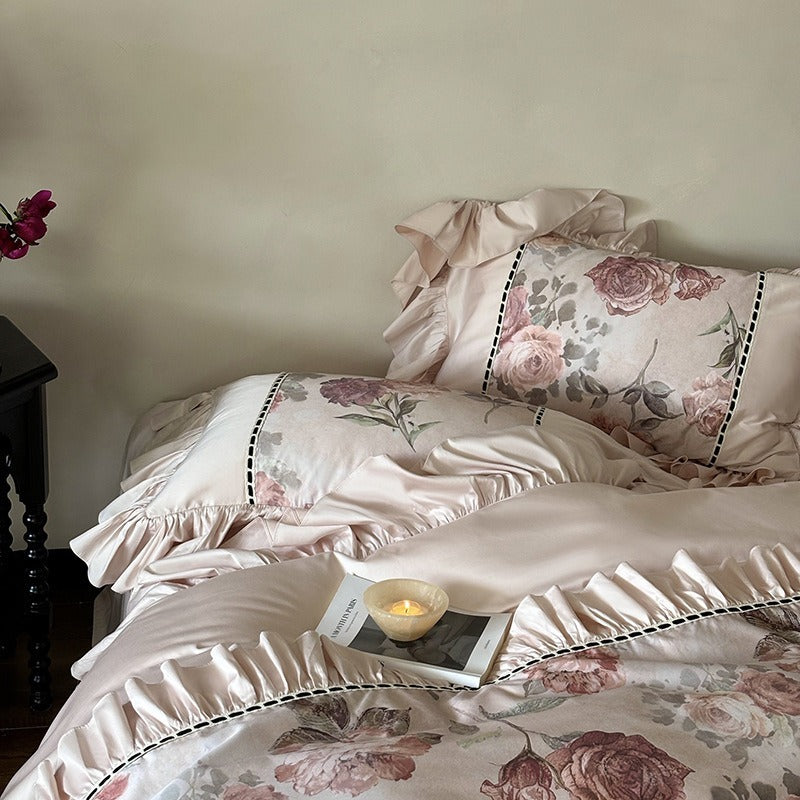 VILZSTUDIOS blush pink rose panel bedding set with contrasting ladder lace and ruffled borders