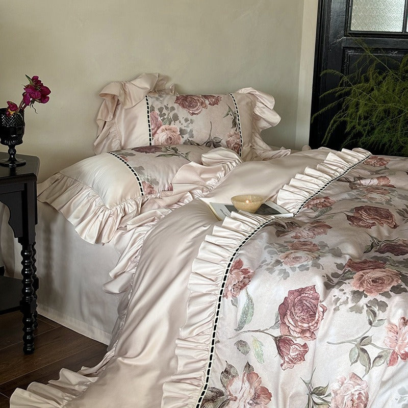 VILZSTUDIOS blush pink rose panel bedding set with contrasting ladder lace and ruffled borders