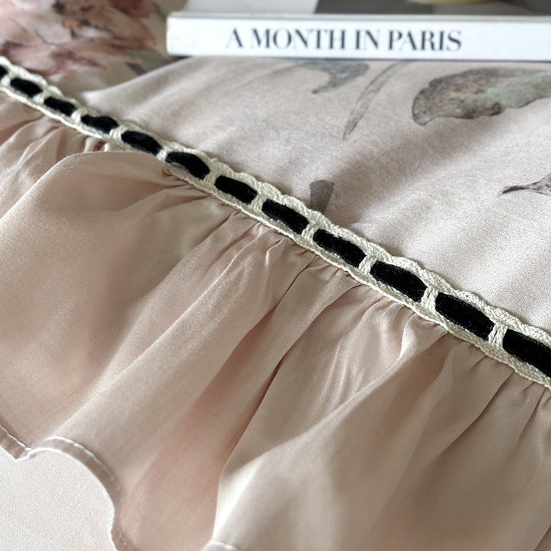 VILZSTUDIOS blush pink rose panel bedding set with contrasting ladder lace and ruffled borders