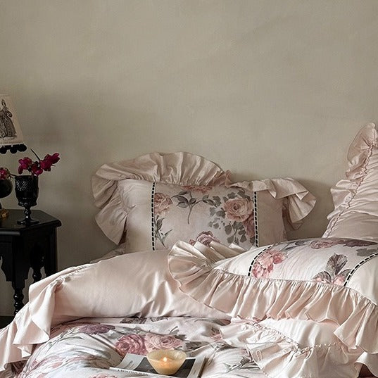 VILZSTUDIOS blush pink rose panel bedding set with contrasting ladder lace and ruffled borders